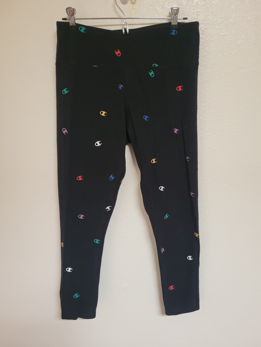 Champion Womans Black Leggings with Multicolor Logo Dots